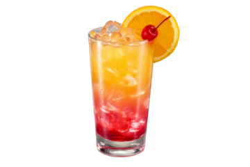 Refreshing layered cocktail with orange slice and cherry isolated on transparent background