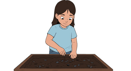 Young girl planting seeds in a wooden planter box with soil