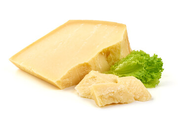 Wedge of aged Parmesan cheese, isolated on white background