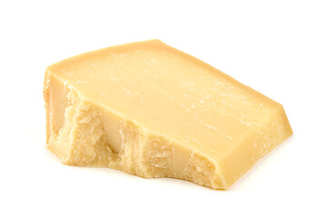 Wedge of aged Parmesan cheese, isolated on white background