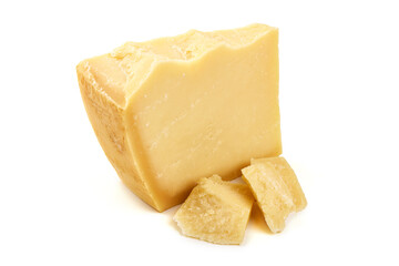 Wedge of aged Parmesan cheese, isolated on white background