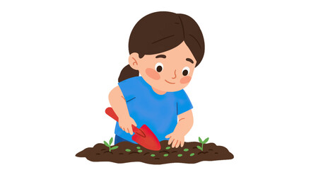 Smiling cartoon girl with a ponytail and blue shirt planting seeds with a red trowel.