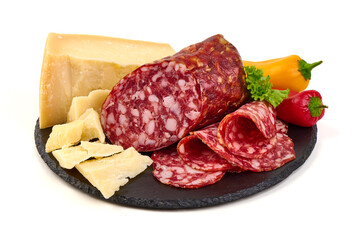 Italian Napoli sausage with aged Parmesan cheese, isolated on white background.