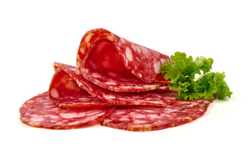 Salami slices with lettuce, isolated on white background