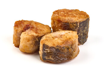 Fried Catfish steaks, isolated on white background.