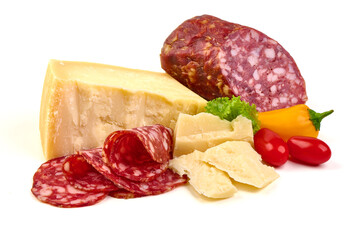 Italian Napoli sausage with aged Parmesan cheese, isolated on white background.