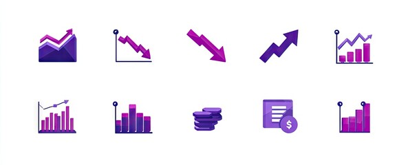 Collection of financial charts, graphs, and icons with shades of purple