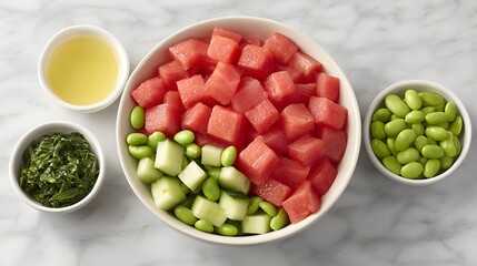 Macro detail of healthy poke bowl with vibrant ingredients in ultra zoom 