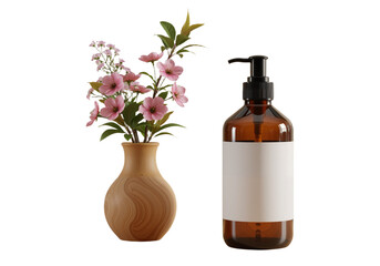 This high-resolution image presents a beautifully balanced still life on a warm wooden surface, featuring an amber glass pump bottle with a sleek black dispenser and a blank white label&mdash;perfect for sk