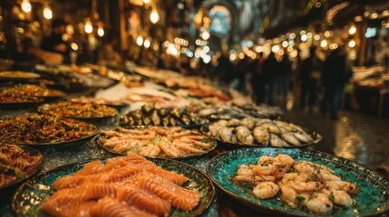 Fresh seafood selection in open market with bustling shoppers