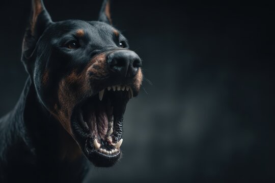 Black and tan Doberman Pinscher growls with an intense, threatening expression. Use for security concepts, warning images, or animal aggression topics.