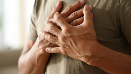Close-up of a man placing both hands on his chest, practicing calm breathing, mindfulness and self-connection, symbolizing relaxation, inner peace and emotional balance