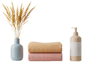 This high-resolution image presents a clean, minimalist bathroom or spa shelf arrangement set against a soft white background. On the left, a small blue ceramic vase holds dried golden grasses, introd