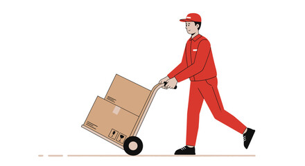 Smiling delivery man in red uniform pushing hand truck with two cardboard boxes, flat vector illustration.