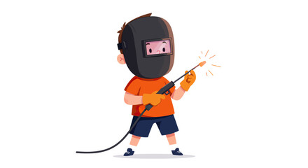 Cartoon Child Wearing Welding Mask and Gloves Holding Welding Torch