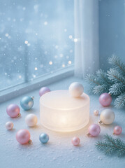 Ethereal Winter Holiday Display with Frosted Acrylic Podium and Pastel Ornaments