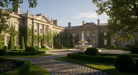 Fototapeta premium Vintage English Palace Exterior with Gardens and Fountain