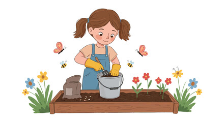 Charming illustration of a young girl with pigtails gardening in a raised flower bed with bees and butterflies.