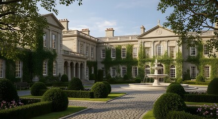 Fototapeta premium Vintage English Palace Exterior with Gardens and Fountain