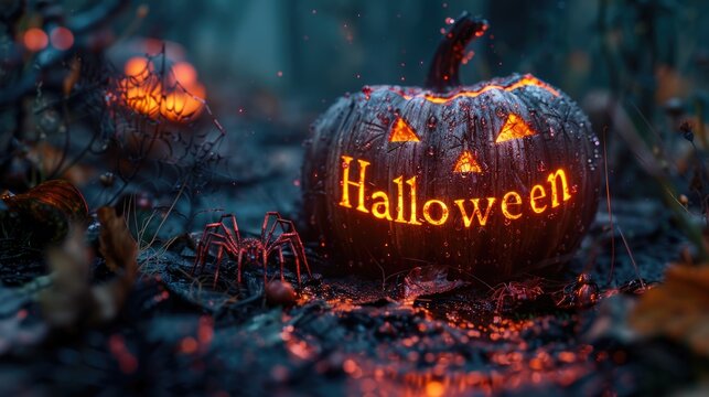 Halloween Card Party, A spooky forest sunset with a haunted evil glowing eyes of Jack O' Lanterns on a scary halloween night, The terrifying costume scene of Halloween.