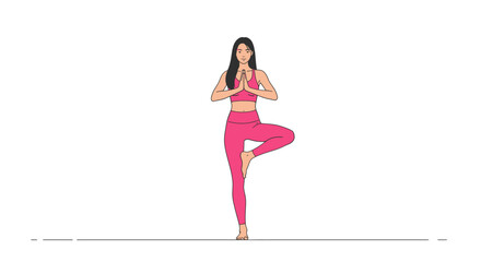 Illustration of a woman in a pink yoga outfit performing the balanced Tree Pose (Vrksasana).