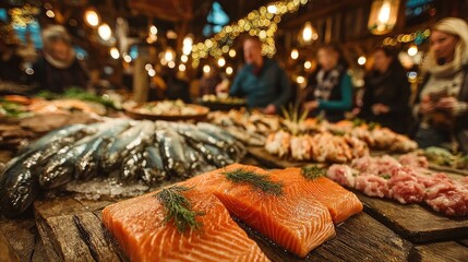 Fresh seafood selection in open market with bustling shoppers