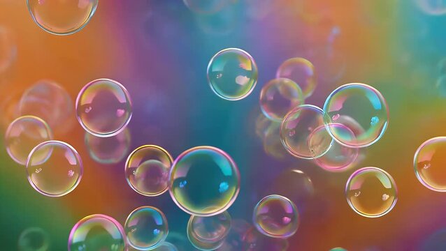 vibrant cinematic 4k close up of rainbow colored iridescent bubbles floating against bright multicolored background showcasing shimmering light refractions dreamy surreal artistic footage perfect for