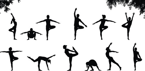 Yoga poses silhouettes, standing and floor positions, flexibility, balance, strength, outdoor tree background, fitness exercise, wellness art, meditation vector illustration