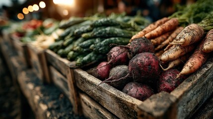 Fresh vegetables in wooden crates at farmers market during sunset