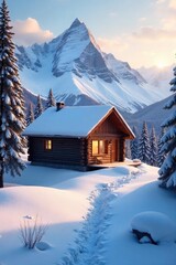 A cozy cabin nestled in a snowy mountain range, perfect for a relaxing weekend getaway Enjoy the serene winter landscape and embrace the tranquility , calm, getaway