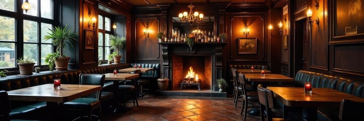 A cozy, dimly lit traditional British pub interior, featuring dark wood furniture, a fireplace, and classic pub d?cor  Perfect for evoking a sense of warmth and British charm ,  fireplace,  pub sign