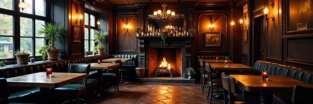 A cozy, dimly lit traditional British pub interior, featuring dark wood furniture, a fireplace, and classic pub d?cor  Perfect for evoking a sense of warmth and British charm ,  fireplace,  pub sign