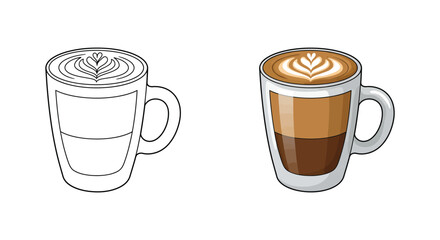 Two coffee cups with latte art one colored and one outlined