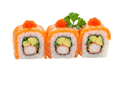 Three delicious salmon sushi rolls with avocado cucumber and shrimp on a black backdrop transparent background