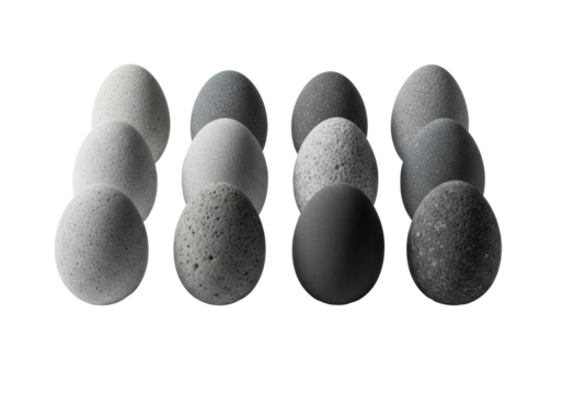 Sixteen rough, unpolished matte grey and charcoal stone eggs in a precise 4x4 grid on a pristine transparent background with soft studio light, concept of industrial design