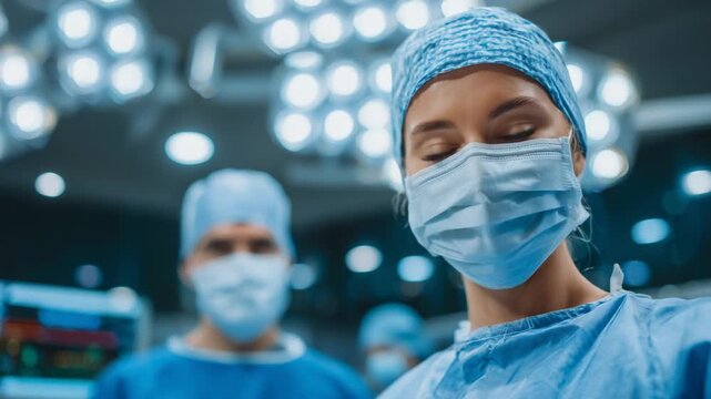 A team of 275 surgeons and nurses in blue scrubs and masks work seamlessly in a high-tech operating room, with a confident doctor's eyes conveying precision.