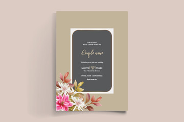 WEDDING INVITATION FRAME WITH FLOWER DECORATIONS AND FRESH LEAVES