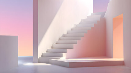 Fototapeta premium White minimalist steps platform against pastel gradient wall, architectural backdrop with soft shadows --ar 16:9