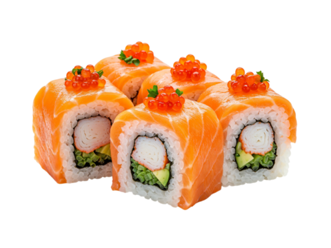 Delicious shrimp tempura sushi rolls topped with bright orange tobiko and red roe transparent background