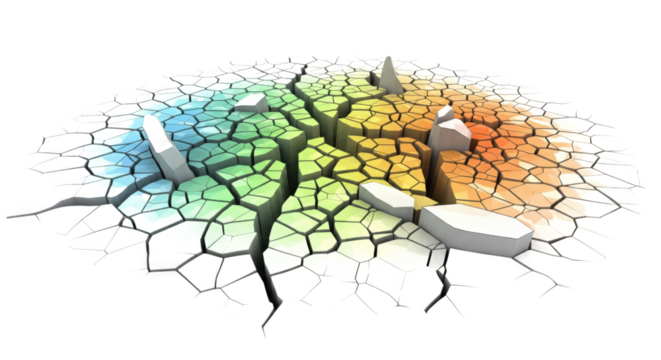 Fractured terrain with vibrant color gradient and sharp geometric features