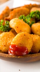 Close-up of golden fried nuggets, ketchup, and parsley