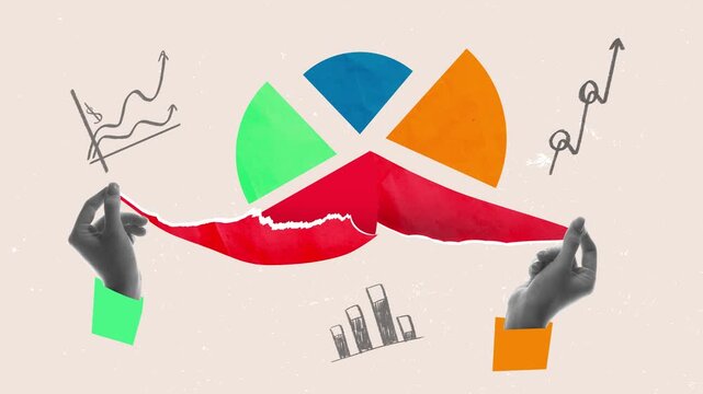 Promo video. Hands holding pie chart segments while red slice tears apart, visualizing fragile financial structure and team tension. Concept of business strategy, resource, dynamic