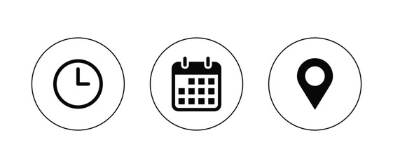 Time, date, and location icon set. Clock, calendar, and location marker icons.