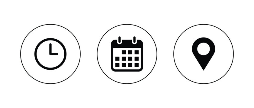 Time, date, and location icon set. Clock, calendar, and location marker icons.