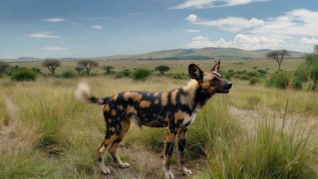 stunning ultra hd stock video showing a rare wild dog proudly standing tall lush tall grass with its unique fur patterns set against a scenic wilderness backdrop symbolizing freedom raw nature and
