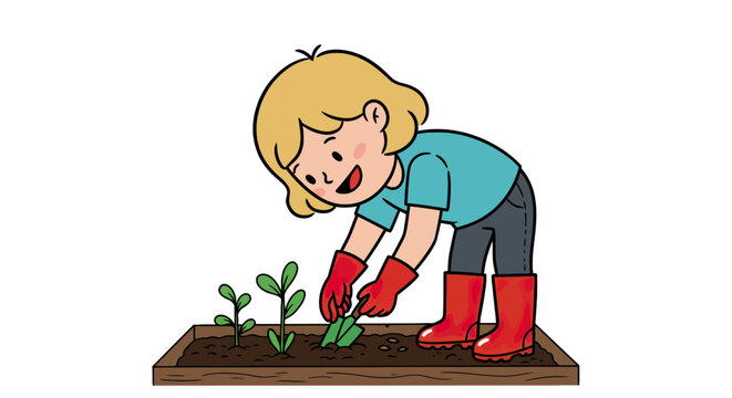 Cartoon Girl Gardening with Red Boots and Gloves Planting Seedlings