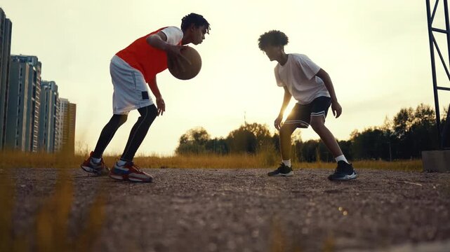 Energy of motivated sportspersons, two teens playing basketball, active sport. Young black guys practicing feints in streetball, cinematic slow motion shot, active leisure of modern adolescents