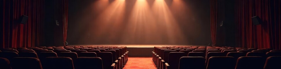A dimly lit theater stage, empty chairs, a lone spotlight illuminating dust motes in the air, conveying a sense of melancholy and forgotten performances , shadows, spotlight, drama
