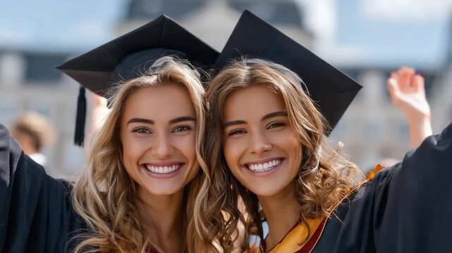 Golden Graduates: Two radiant graduates, adorned in caps and gowns, embody the joy of academic triumph, showcasing the commencement's promise of a bright future.