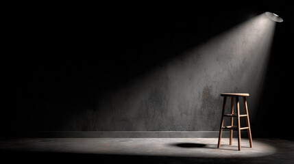 Spotlight illuminates empty stool in a dark, minimalist space creating a dramatic atmosphere Generative AI